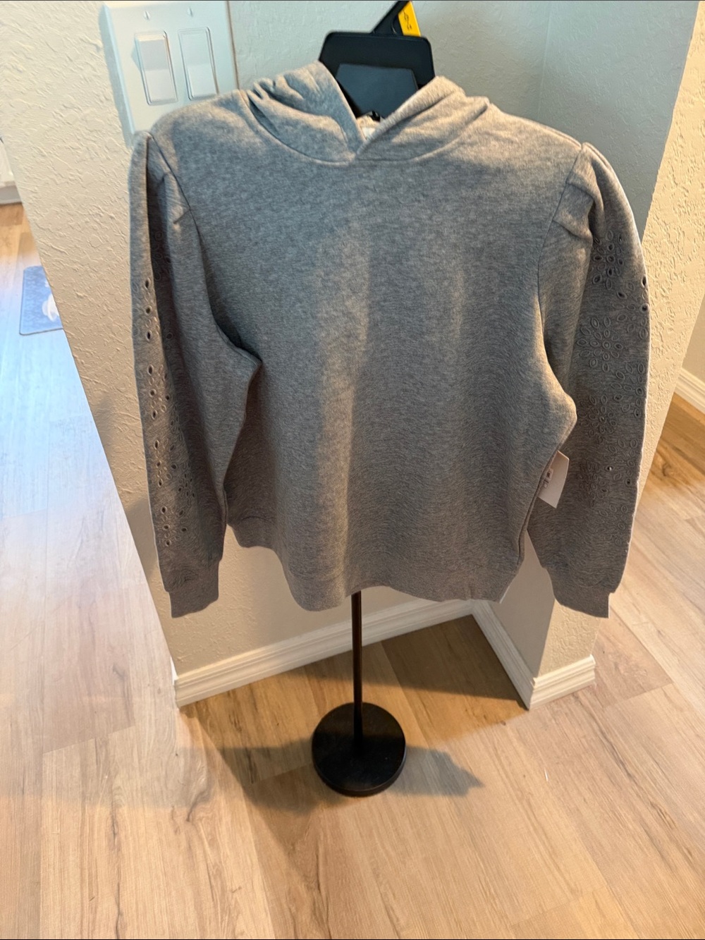 Women's Gray Hooded Crewneck Sweater with Eyelet Sleeve Detail